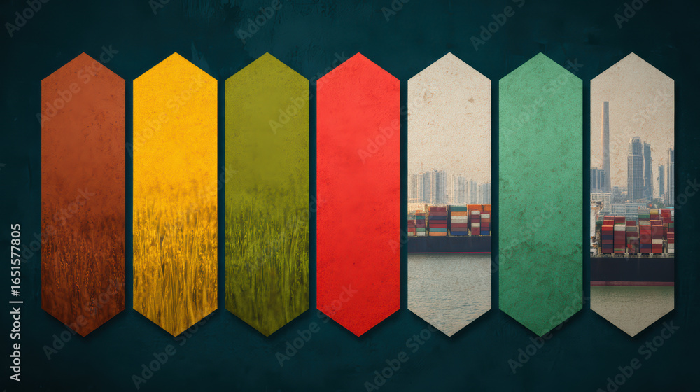 Poster a vibrant abstract design featuring hexagonal shapes in various colors, with an urban landscape and 