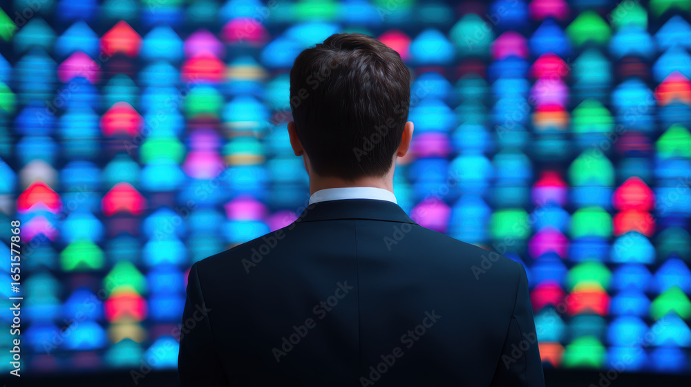 Aufkleber a businessman gazes at a vibrant digital display filled with colorful data visuals, reflecting a mod