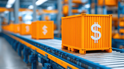 A vibrant industrial scene featuring orange shipping containers marked with dollar signs, moving along a conveyor belt in a warehouse.