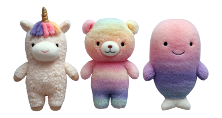 Cute Plush Toys with Colorful Gradient on Isolated Transparent Background