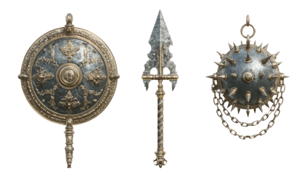 Isolated Ancient Weapons and Armor on Transparent Background