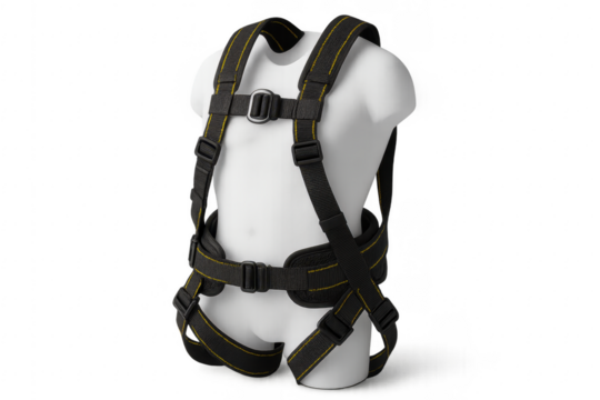 Full body safety harness on mannequin ensuring maximum protection with transparent background
