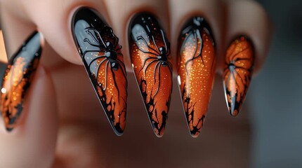 Close-up of a hand displaying intricately designed orange and black butterfly wing nail art with glitter accents
