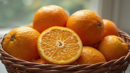 Fresh ripe oranges in a basket with a juicy citrus fruit isolated on a white background