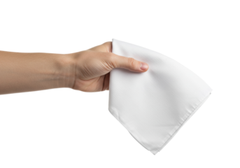 Hand holding a white napkin indoor setting still life minimalist kitchen concept isolated on transparent background