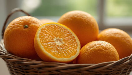 Fresh juicy oranges in a basket with a slice isolated on a white background