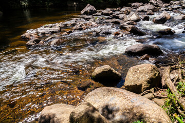 The serene beauty of a crystal-clear river winding between dark rocks and lush vegetation of the...