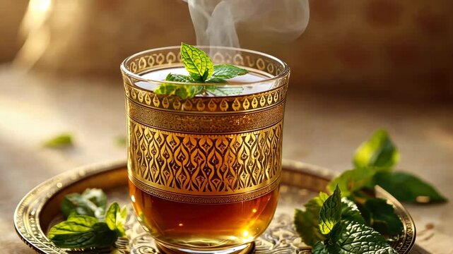 Aromatic Mint Tea in Ornate Glass, Golden Tray