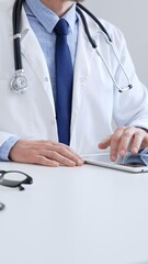 Adult male doctor wearing lab coat and stethoscope using digital tablet while sitting at desk in...