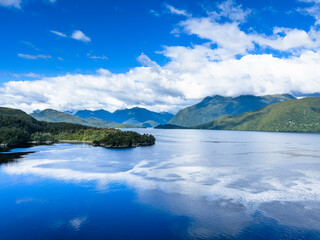 Obraz premium Small lush island surrounded by deep blue waters with dramatic mountain backdrop in Milford Sound, New Zealand