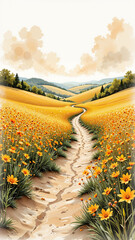 Watercolor illustration of a winding dirt path through vast yellow flower fields