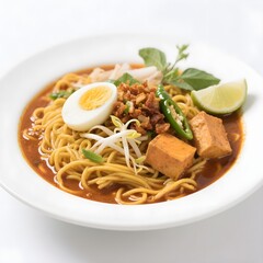 Malaysian Curry Mee with yellow noodles, tofu, and egg.