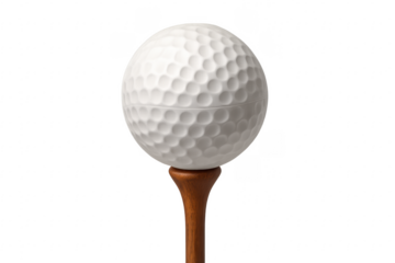 White golf ball standing on a wooden tee with transparent background
