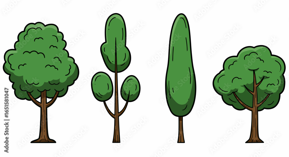 Poster a vector illustration showcases a collection of four stylized trees with different shapes and textur