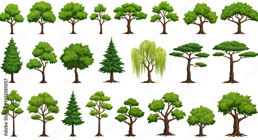 Poster a diverse collection of green vector trees showcasing various shapes and sizes, perfect for graphic 
