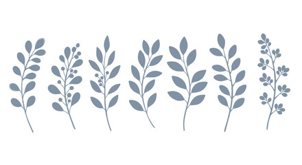 A collection of delicate blue botanical illustrations featuring leaves and small berries on thin stems, perfect for natural design elements.