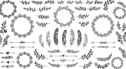 Obraz premium A versatile collection of hand-drawn botanical wreaths, frames, feathers, and decorative dividers, perfect for elegant vintage design projects.