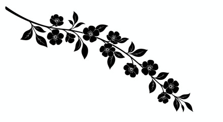 High-resolution vector illustration of a graceful black branch with leaves and flowers, perfect for elegant design projects and PNG downloads.