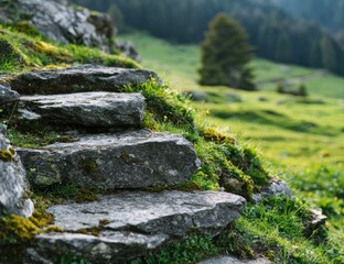 Mossy stone steps ascend a verdant hillside, leading towards a tranquil, distant mountain valley bathed in soft sunlight