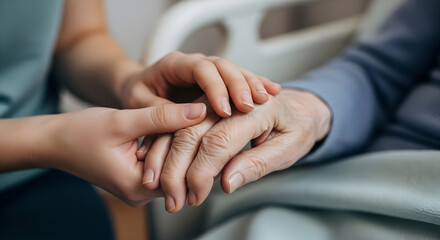 A young woman's hand gently holds her elderly grandmother's hand, a powerful and touching close-up showing love, support, empathy, and family connection.