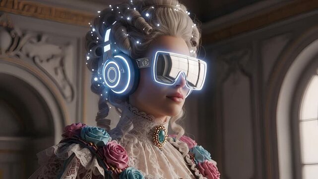 Elegant Woman in Futuristic Headphones Surrounded by Decorative Roses