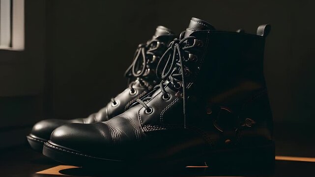 Elegant Black Leather Boots in Soft Natural Light Creating Dramatic Shadows