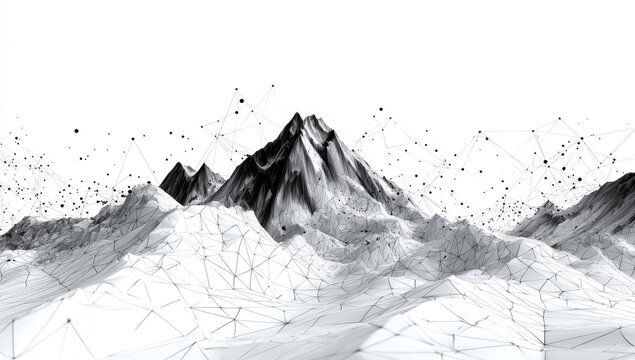 Abstract grayscale mountain range with digital network (1)