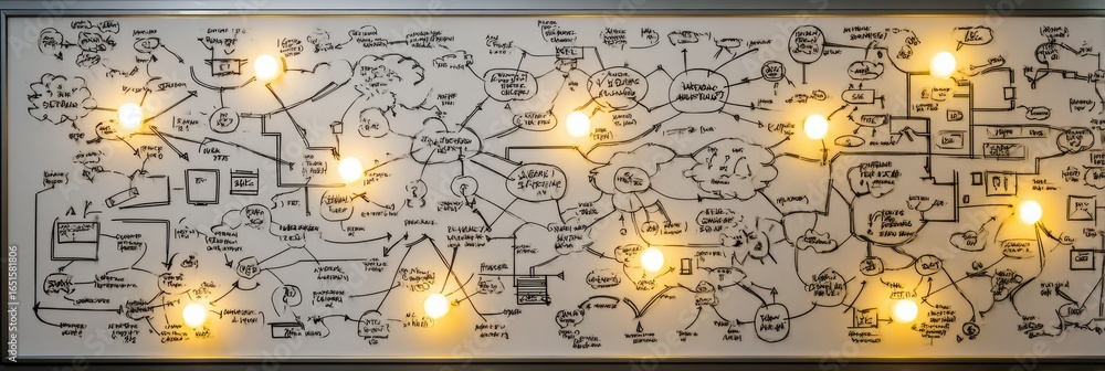 Poster creative mind map with illuminated bulbs highlighting key ideas and connections in a brainstorming s