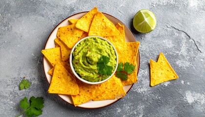 A delicious top-down view of a bowl of fresh homemade guacamole served with crispy corn tortilla chips, a perfect Mexican appetizer on a rustic gray background