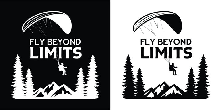 Fly beyond limits paragliding adventure sport with mountain landscape and forest, vector graphic design for tshirt print and apparel, isolated on white background