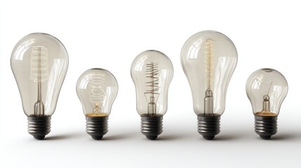 Five different light bulbs sit in a row against a plain white background, showcasing interior filaments