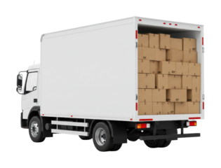 Delivery action truck transporting boxes warehouse cargo type urban environment rear viewpoint logistics concept isolated on transparent background