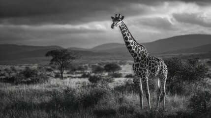 Obraz premium Giraffe stands tall in a black and white savanna landscape, with cloudy skies overhead