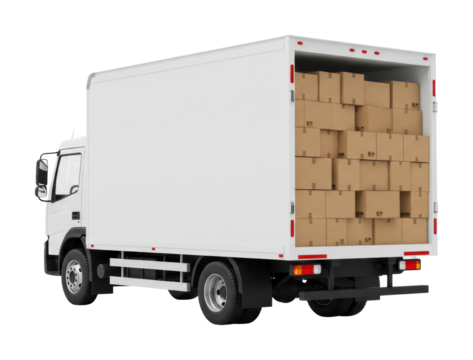 Delivery action truck transporting boxes warehouse cargo type urban environment rear viewpoint logistics concept isolated on transparent background - Powered by Adobe