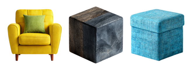 Bright Yellow Couch and Unique Accent Pieces on Transparent Background