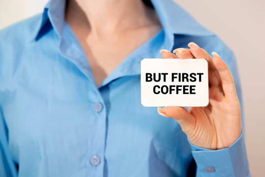 Naklejki But First Coffee displayed on a vintage lightbox with coffee cup