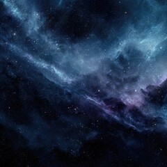 A cosmic landscape of swirling nebulae in deep blues, purples, and hints of white, speckled with countless stars against a dark backdrop