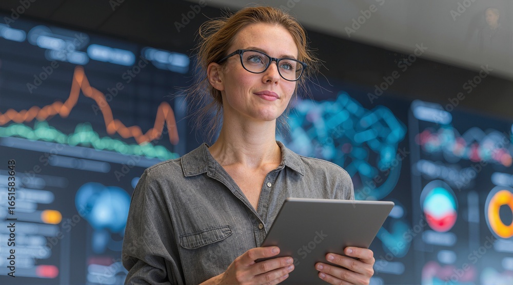 Poster confident professional with technology, analyzing data insights on a tablet, displaying growth, inno