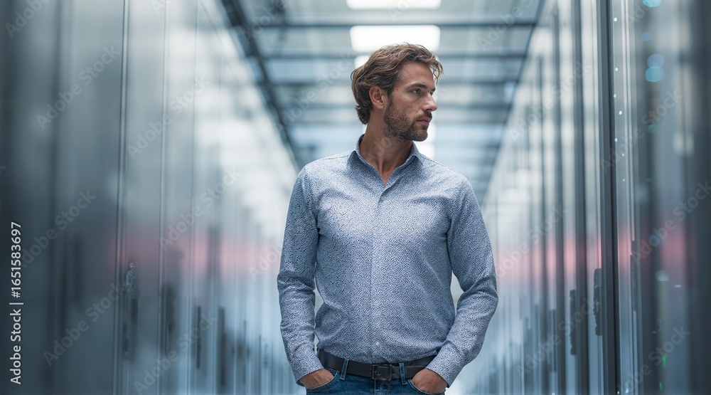 Poster man in a data center aisle, looking to the side with hands in pockets. he's wearing a button-down sh