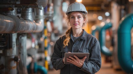 A woman wearing a hard hat and holding a tablet computer in a factory setting with pipes and machinery in the background.