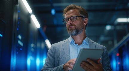 IT professional in server room with tablet, ensuring smooth operations and efficient data management for business continuity.