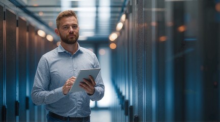 Server room technician checking data on a tablet. Data center specialist inspecting the server array with mobile device.