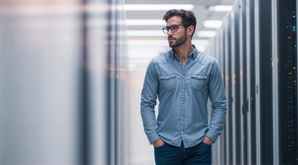Confident IT professional in a modern data center, overseeing critical infrastructure and ensuring optimal network performance.