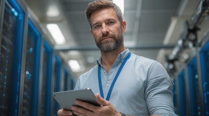 IT Technician using a tablet in a server room to manage data and network infrastructure with advanced technology and hardware.