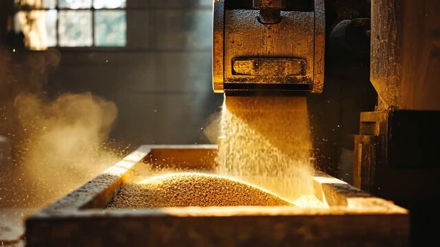 Golden Grain Shower: A Flour Mill's Dusty Choreography