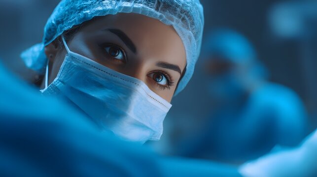 Intense gaze of a surgeon in blue surgical cap and mask, focused during a procedure. Medical precision at its finest in an operating room.