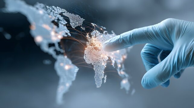 A gloved hand points to a digital world map, symbolizing global analysis, investigation, and the interconnectedness of worldwide issues.