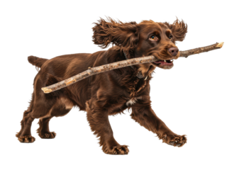 Playful dog fetching stick in outdoor park setting captured action shot for pet lovers isolated on transparent background