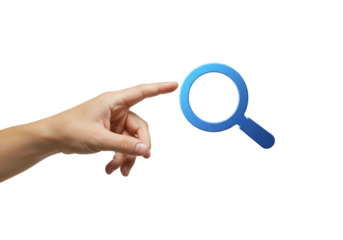 Hand pointing to magnifying glass icon digital conceptual focus on search isolated on transparent background
