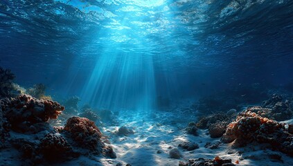 Sunbeams pierce a vibrant underwater scene, illuminating a coral reef floor and sandy bottom.  Blue hues dominate, with coral in various shades of brown and orange